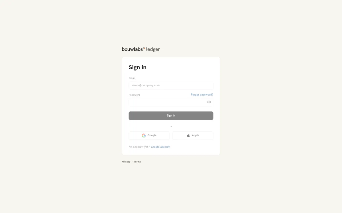 Screenshot of the Bouwlabs · Ledger sign-in screen
